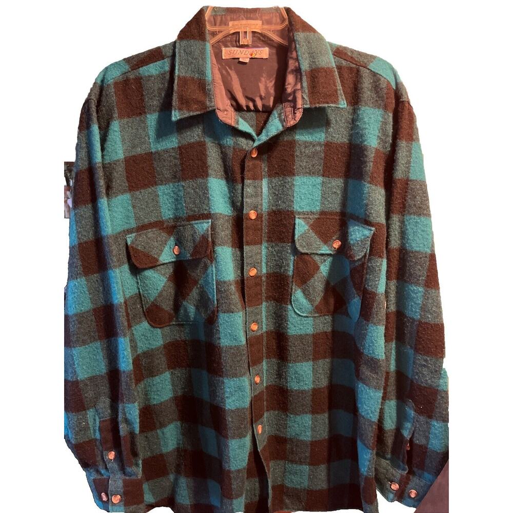 Sundays Vintage Men’s XL Wool Blend Blue Plaid Long Sleeve Flannel Shirt Y2K